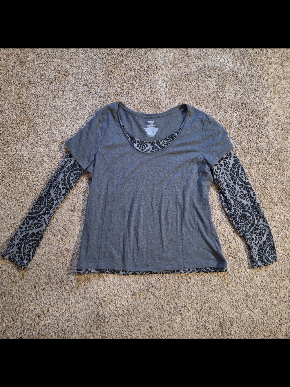Danskin Now 2-in-1 Victorian Lace Layered Top Grey Black XXL